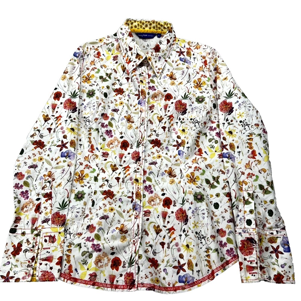 Georg Roth Shirt Large Womens White Floral AOP Cotton‎ Button Up Los Angeles